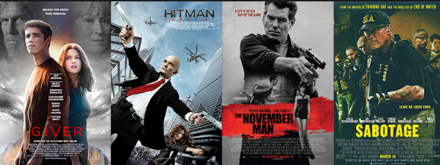 Film posters for The Giver, Hitman: Agent 47, The November Man, and Sabotage